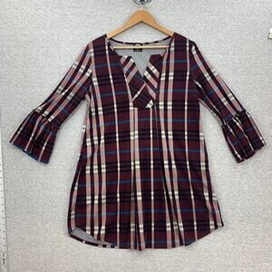 Calstyle Blouse Womens Small Maroon Plaid V Neck Tunic Top Bell Sleeve Casual